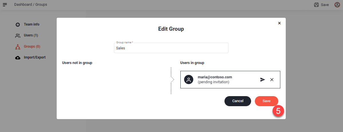 Edit Group dialog with the user now listed under Users in group and the Save button marked as step 5