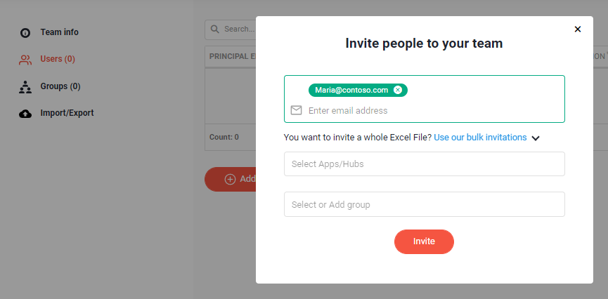 Invite people to your team dialog in the Users view with an email address entered and the Invite button