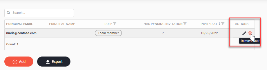 Users table with the Actions column highlighted, the trash can icon shows the tooltip Remove user